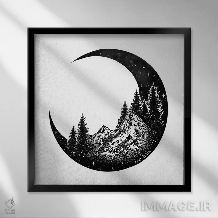 تابلو دکوراتیو ماه کوهستانی اثر کاری سلون - نمای قابدار مشکی