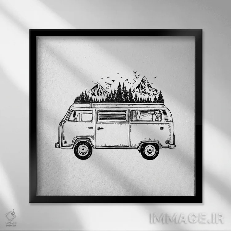 تابلو دکوراتیو ون کوهستانی اثر کاری سلون - نمای قابدار مشکی