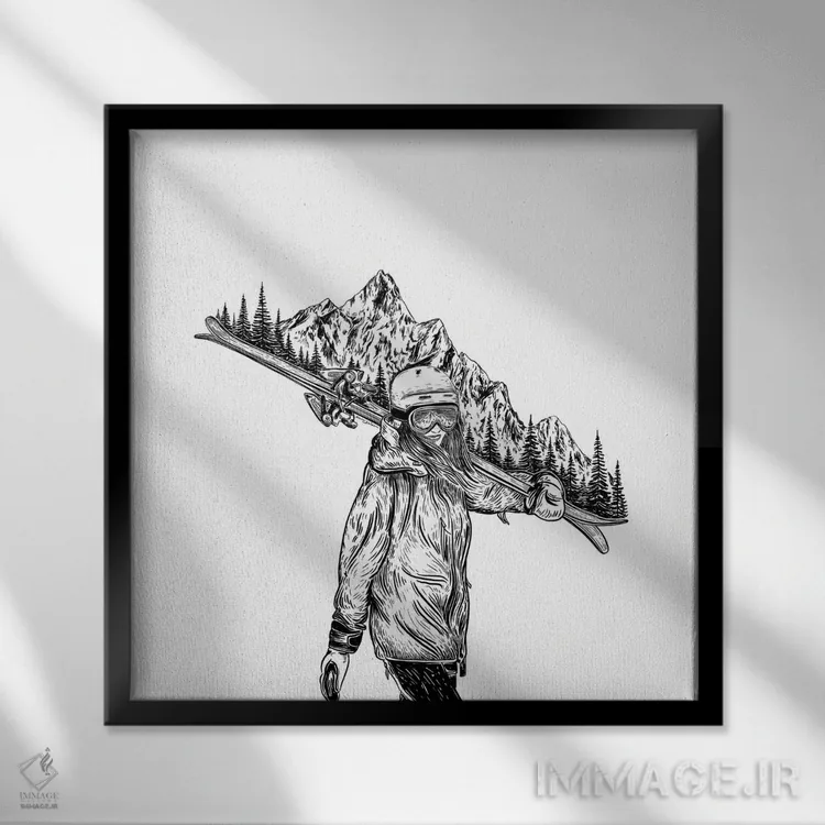 تابلو دکوراتیو دختر اسکی باز کوهستانی اثر کاری سلون - نمای قابدار مشکی