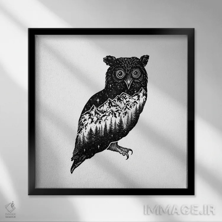 تابلو دکوراتیو جغد کوهستانی اثر کاری سلون - نمای قابدار مشکی