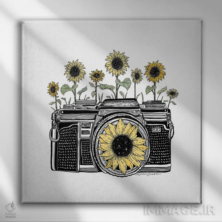 تابلو دکوراتیو دوربین آفتابگردانی رنگی اثر کاری سلون - نمای روبهرو روی دیوار