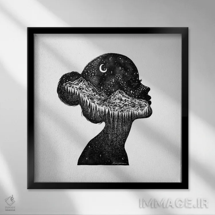 تابلو دکوراتیو سیلوئت کوهستانی اثر کاری سلون - نمای قابدار مشکی