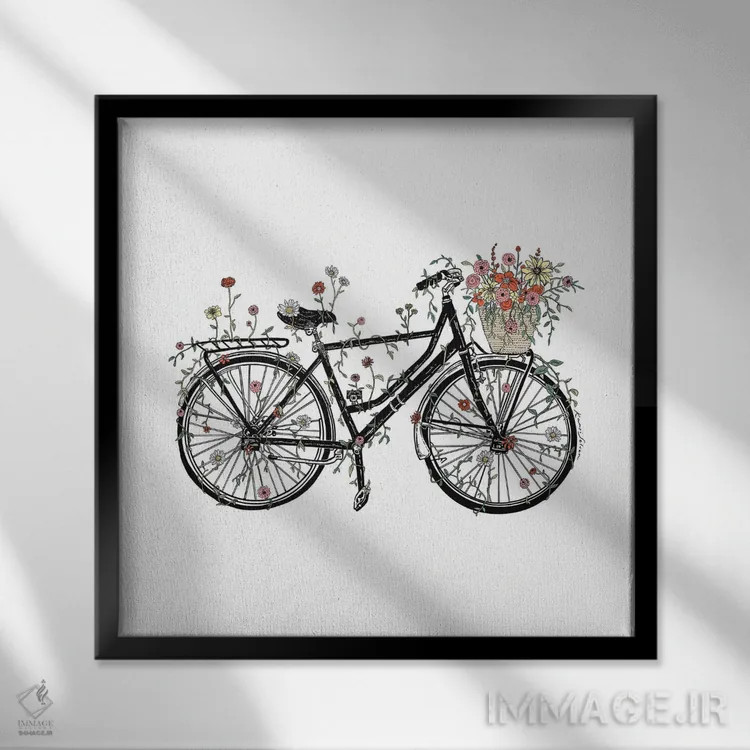 تابلو دکوراتیو دوچرخه گلدار اثر کاری سلون - نمای قابدار مشکی