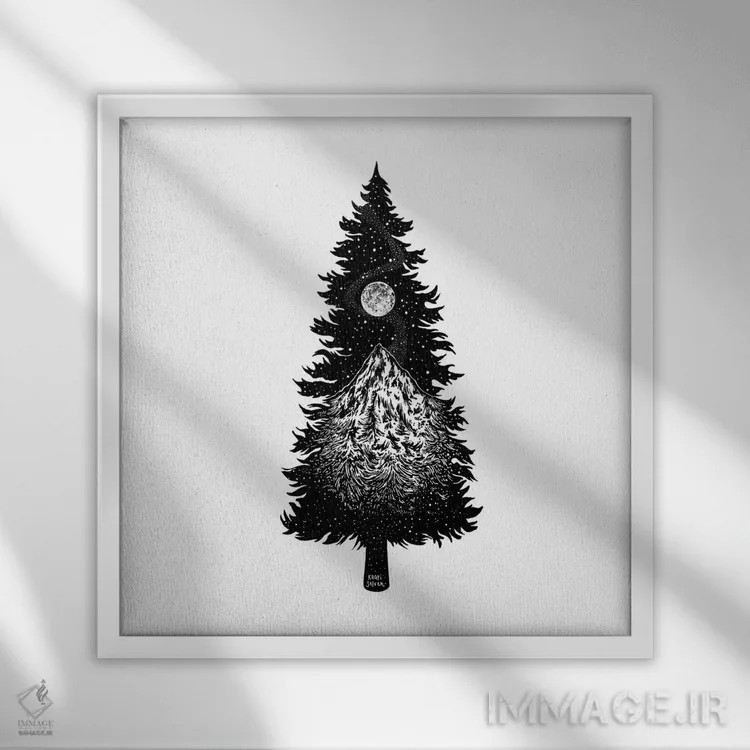 تابلو دکوراتیو سیلوئت درخت کوهستانی اثر کاری سلون - نمای قابدار سفید