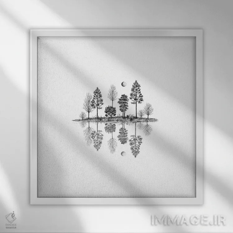 تابلو مینیمال انعکاس درختان اثر کاری سلون - نمای قابدار سفید