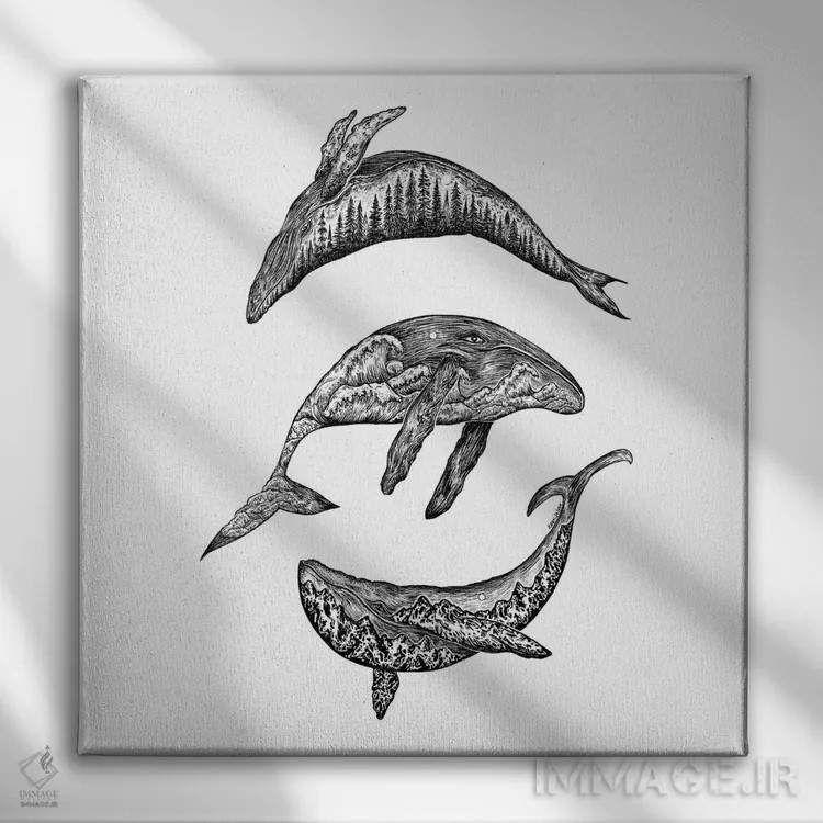 تابلو دکوراتیو نهنگ ها، جنگل، کوه و امواج اثر کاری سلون - نمای روبهرو روی دیوار