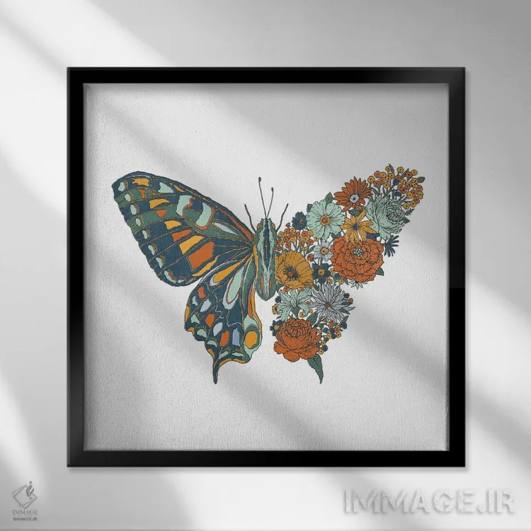 تابلو دکوراتیو پروانه شکوفا اثر کاری سلون - نمای قابدار مشکی