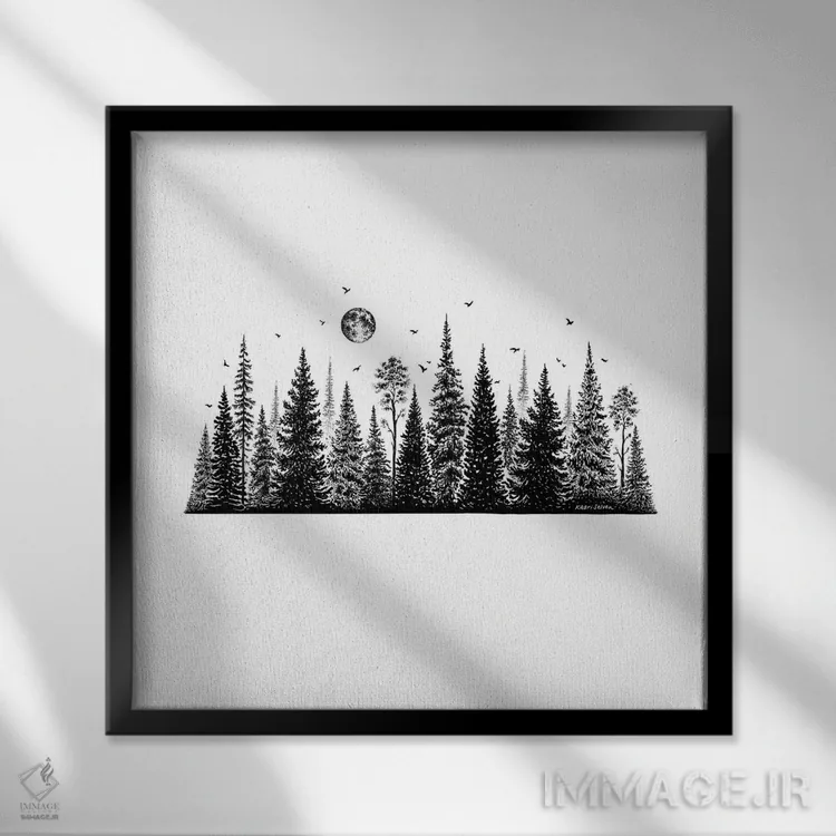 تابلو دکوراتیو خط منظره درختان اثر کاری سلون - نمای قابدار مشکی