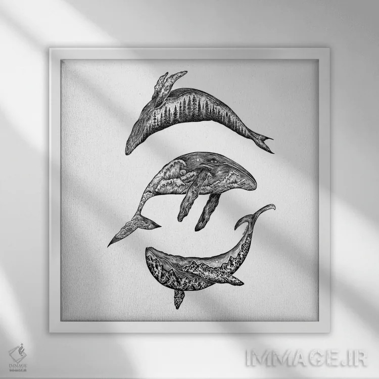 تابلو دکوراتیو نهنگ ها، جنگل، کوه و امواج اثر کاری سلون - نمای قابدار سفید