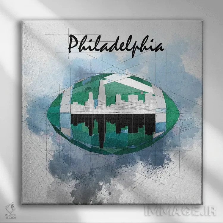 تابلو دکوراتیو افق فیلادلفیا با فوتبال اثر کاتیا اسکای - نمای روبهرو روی دیوار