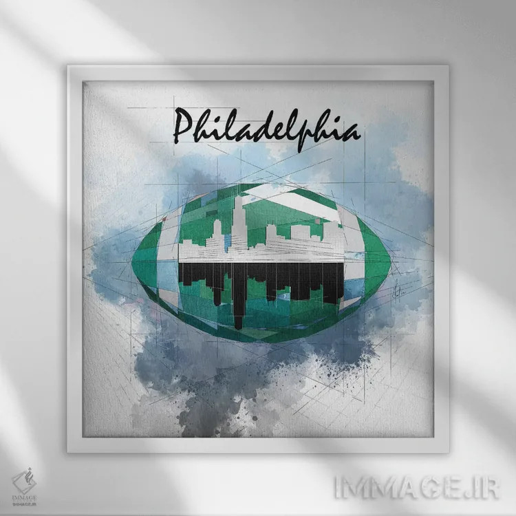 تابلو دکوراتیو افق فیلادلفیا با فوتبال اثر کاتیا اسکای - نمای قابدار سفید