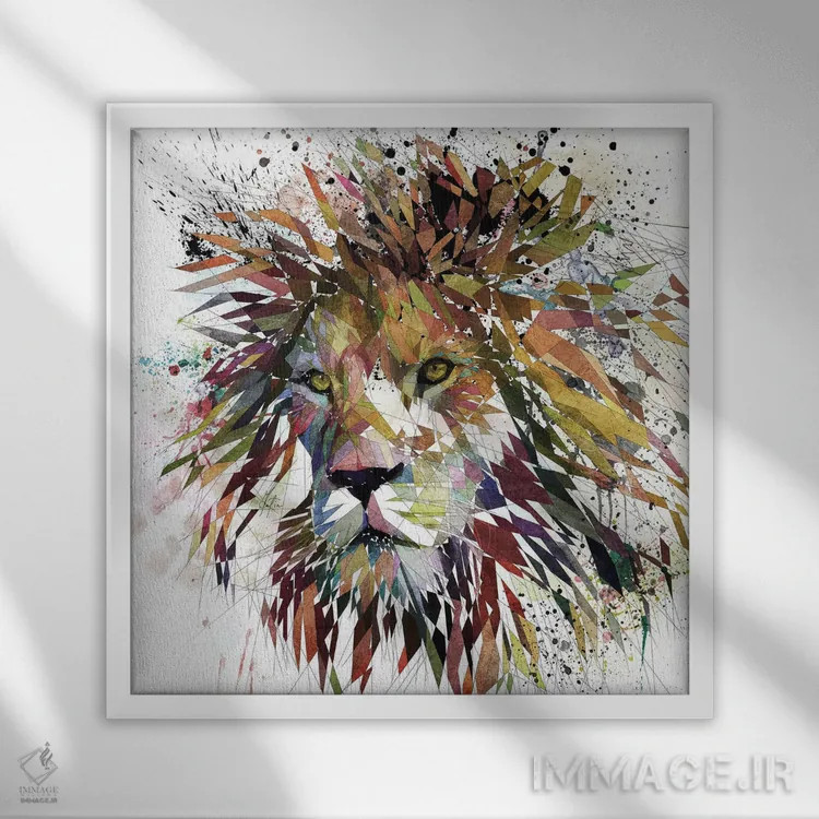 تابلو دکوراتیو شیر طبیعت اثر کاتیا اسکای - نمای قابدار سفید