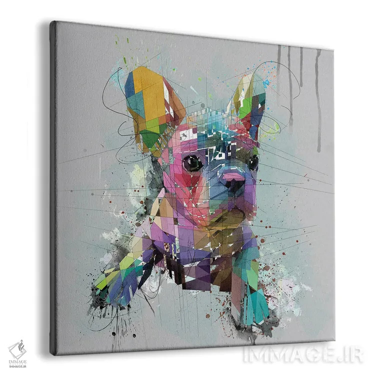 تابلو دکوراتیو توله بولداگ فرانسوی روی پس زمینه خاکستری اثر کاتیا اسکای - نمای پرسپکتیو محصول