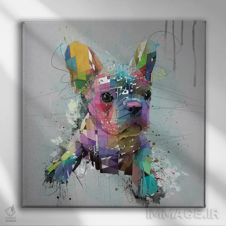 تابلو دکوراتیو توله بولداگ فرانسوی روی پس زمینه خاکستری اثر کاتیا اسکای - نمای روبهرو روی دیوار