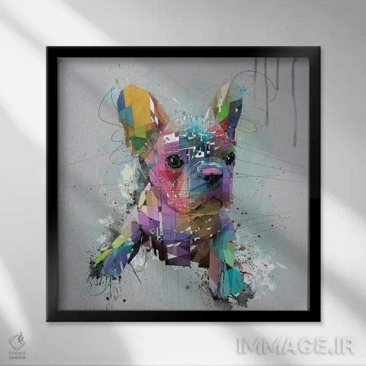 تابلو دکوراتیو توله بولداگ فرانسوی روی پس زمینه خاکستری اثر کاتیا اسکای - نمای قابدار مشکی