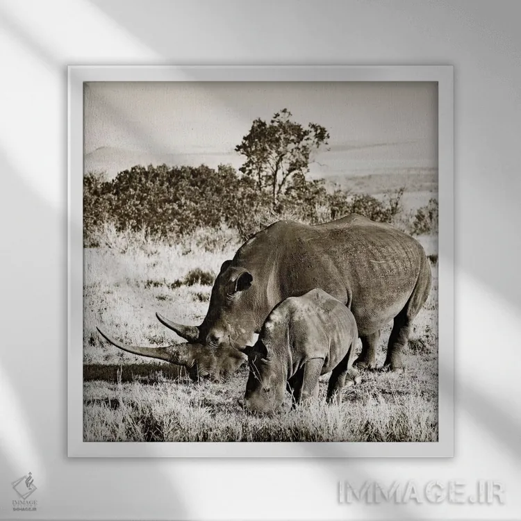 تابلو دکوراتیو کرگدن پیوسته اثر کلاوس تیدگه - نمای قابدار سفید