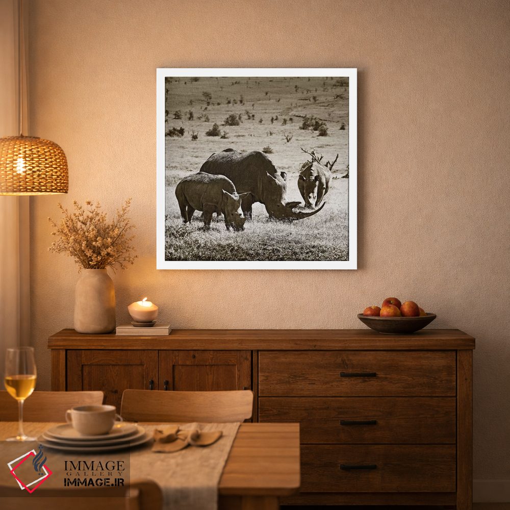 تابلو دکوراتیو کرگدن های در حال چرا اثر کلاوس تیدگه - D1W