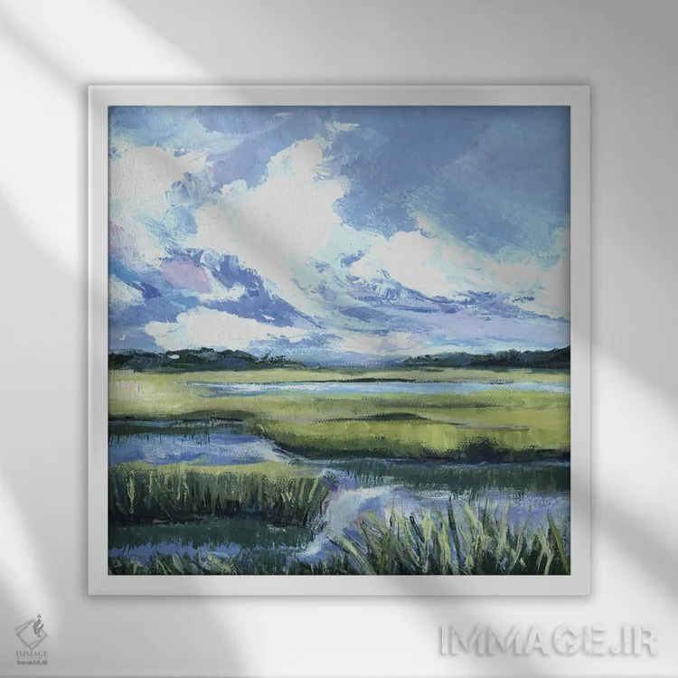 تابلو انتزاعی چون رودخانه اثر کتی نیلی - نمای قابدار سفید