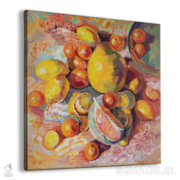 تابلو دکوراتیو طبیعت بی جان زرد با مرکبات اثر کاتارینا والوا - نمای پرسپکتیو محصول