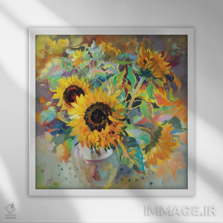 تابلو دکوراتیو گل های آفتابگردان اثر کاتارینا والوا - نمای قابدار سفید