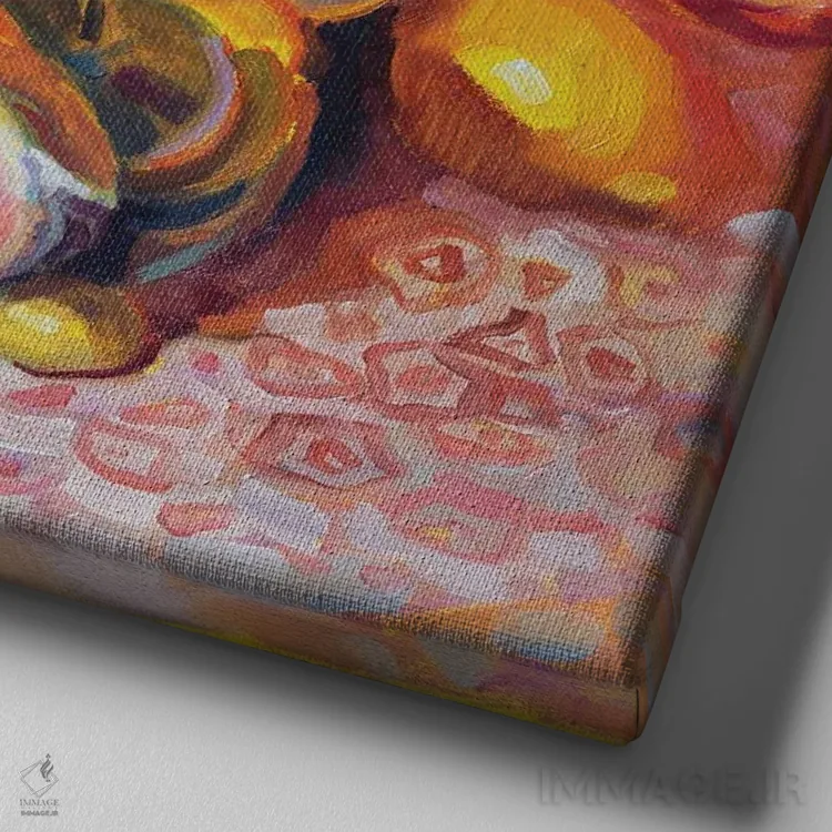 تابلو دکوراتیو طبیعت بی جان زرد با مرکبات اثر کاتارینا والوا - نمای نزدیک بافت بوم