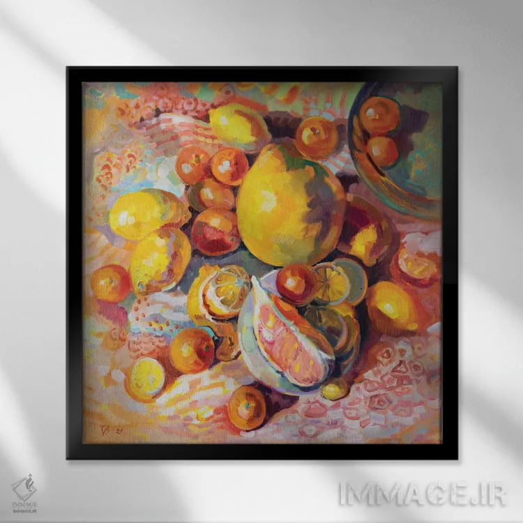 تابلو دکوراتیو طبیعت بی جان زرد با مرکبات اثر کاتارینا والوا - نمای قابدار مشکی