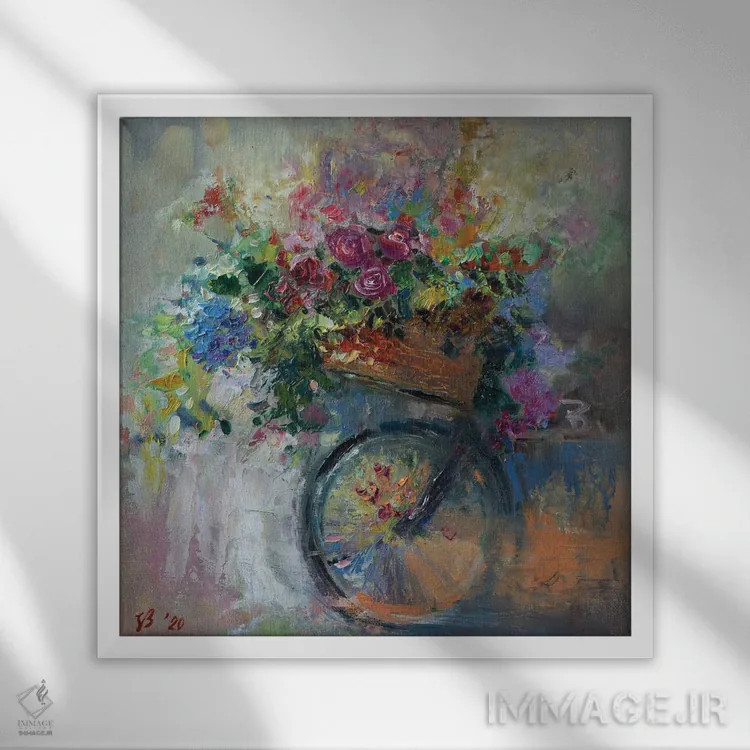 تابلو دکوراتیو سبد دوچرخه با گل ها اثر کاتارینا والوا - نمای قابدار سفید