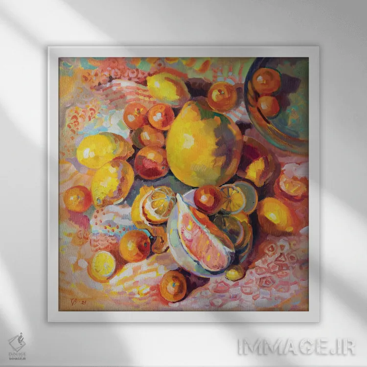 تابلو دکوراتیو طبیعت بی جان زرد با مرکبات اثر کاتارینا والوا - نمای قابدار سفید