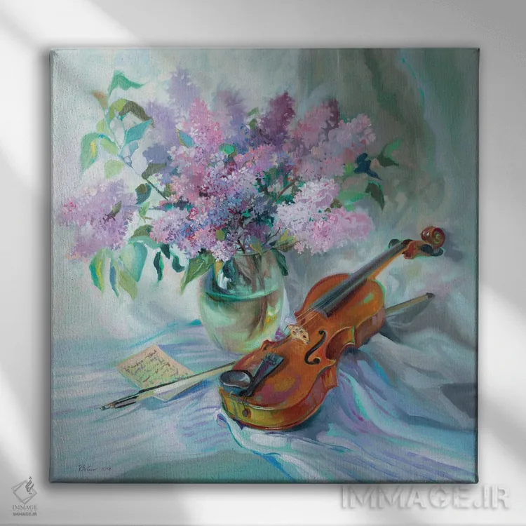 تابلو دکوراتیو دسته گل یاس بنفش و ویولن اثر کاتارینا والوا - نمای روبهرو روی دیوار