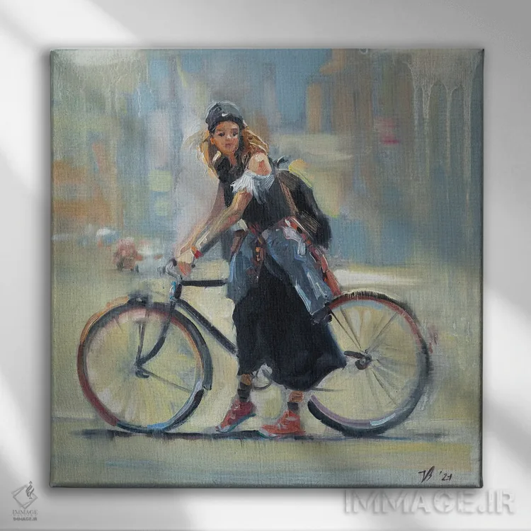 تابلو دکوراتیو دختر با دوچرخه اثر کاتارینا والوا - نمای روبهرو روی دیوار