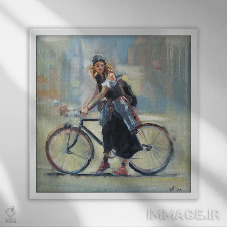 تابلو دکوراتیو دختر با دوچرخه اثر کاتارینا والوا - نمای قابدار سفید
