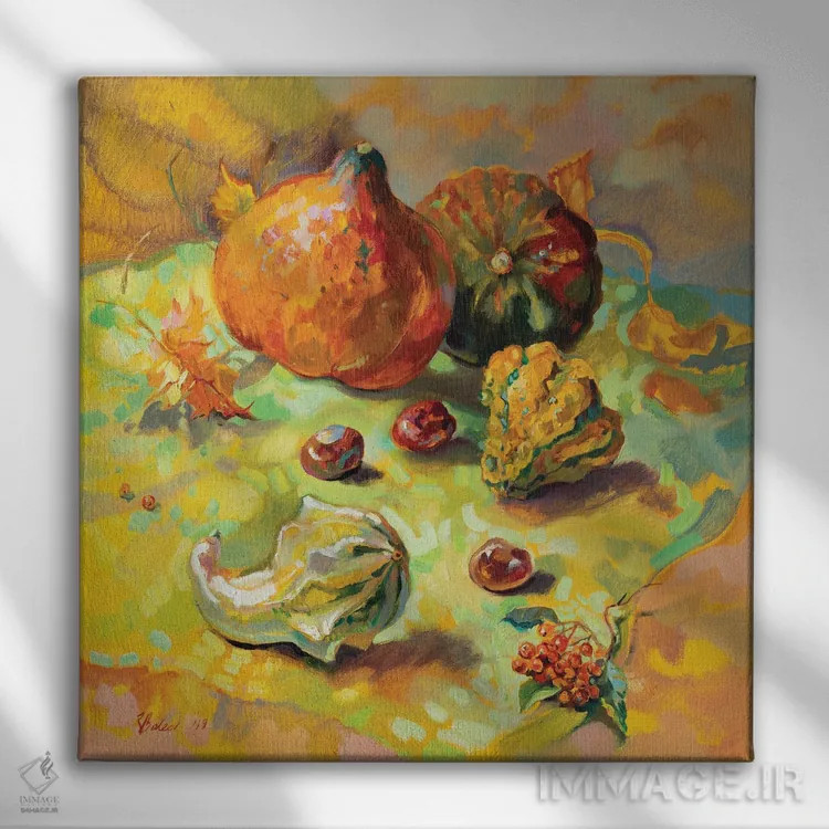 تابلو دکوراتیو طبیعت بی جان پاییزی با کدو تنبل اثر کاتارینا والوا - نمای روبهرو روی دیوار