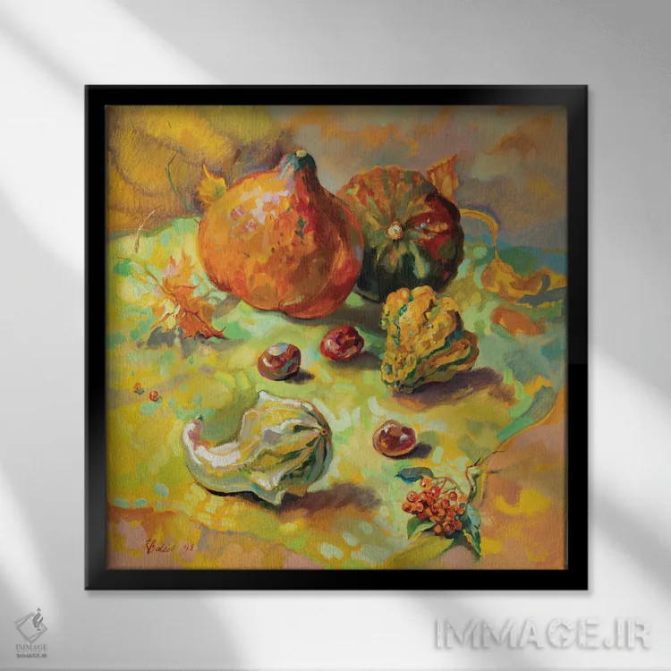 تابلو دکوراتیو طبیعت بی جان پاییزی با کدو تنبل اثر کاتارینا والوا - نمای قابدار مشکی