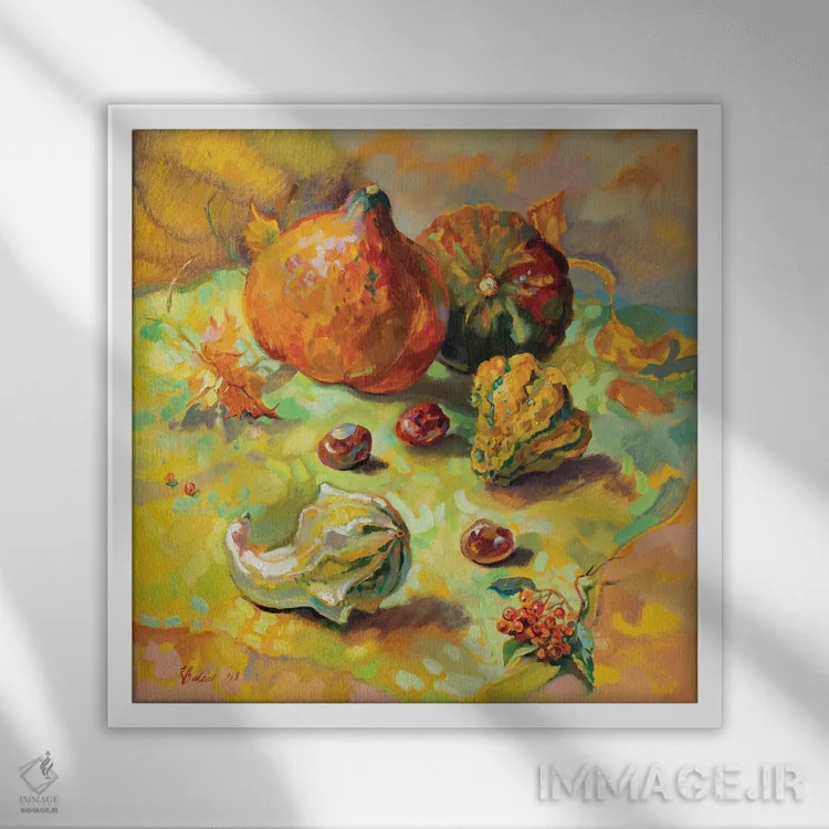 تابلو دکوراتیو طبیعت بی جان پاییزی با کدو تنبل اثر کاتارینا والوا - نمای قابدار سفید