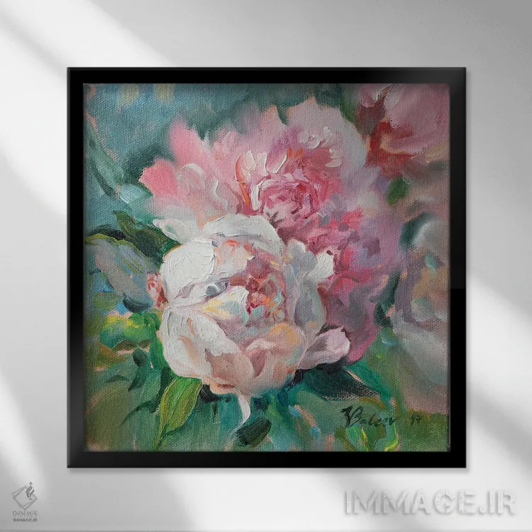 تابلو دکوراتیو گل صدتومانی صورتی اثر کاتارینا والوا - نمای قابدار مشکی