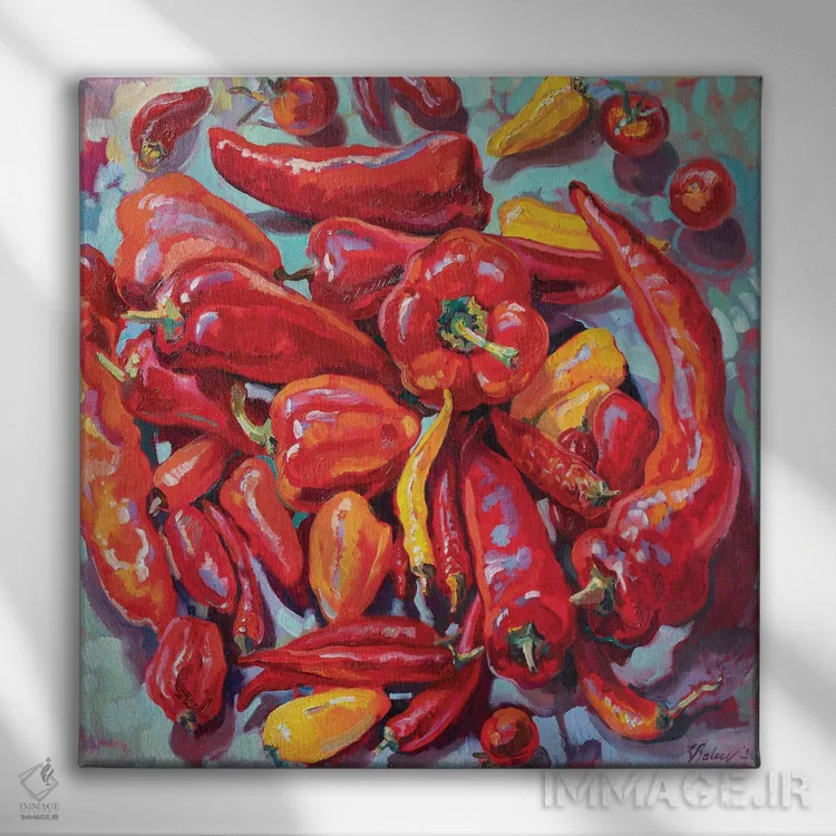 تابلو دکوراتیو طبیعت بی جان قرمز با فلفل تند اثر کاتارینا والوا - نمای روبهرو روی دیوار