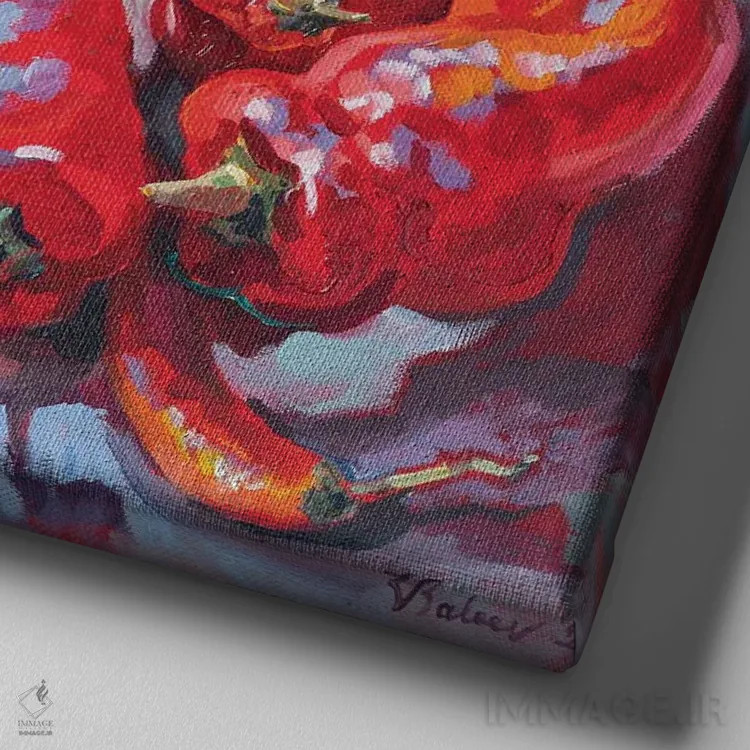 تابلو دکوراتیو طبیعت بی جان قرمز با فلفل تند اثر کاتارینا والوا - نمای نزدیک بافت بوم