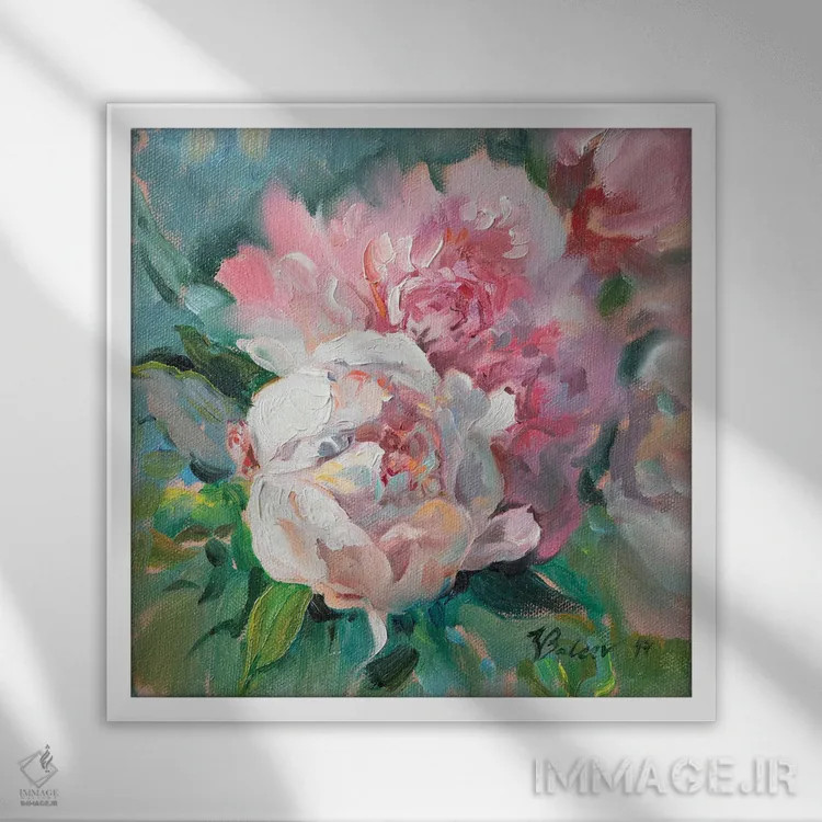 تابلو دکوراتیو گل صدتومانی صورتی اثر کاتارینا والوا - نمای قابدار سفید