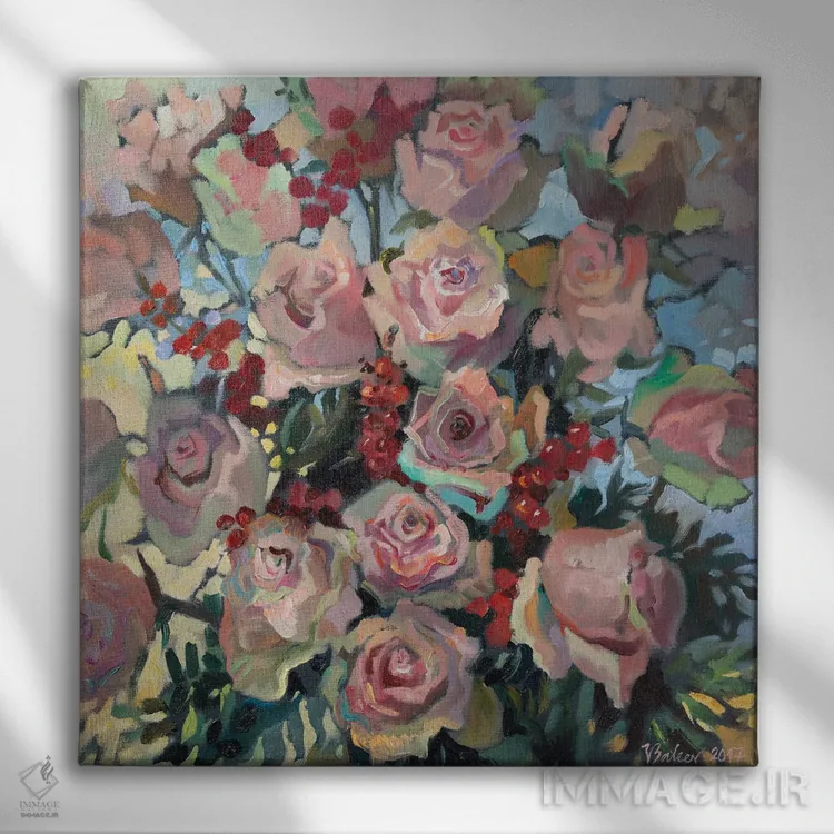 تابلو دکوراتیو رزهای صورتی اثر کاتارینا والوا - نمای روبهرو روی دیوار