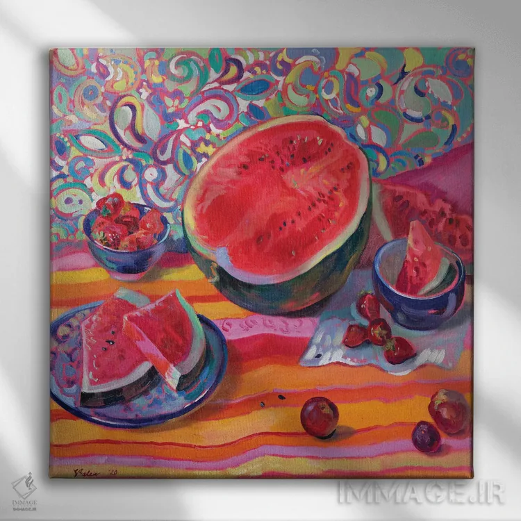 تابلو دکوراتیو طبیعت بی جان با هندوانه اثر کاتارینا والوا - نمای روبهرو روی دیوار