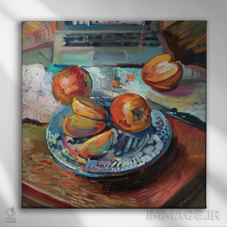 تابلو دکوراتیو طبیعت بی جان با خرمالو اثر کاتارینا والوا - نمای روبهرو روی دیوار