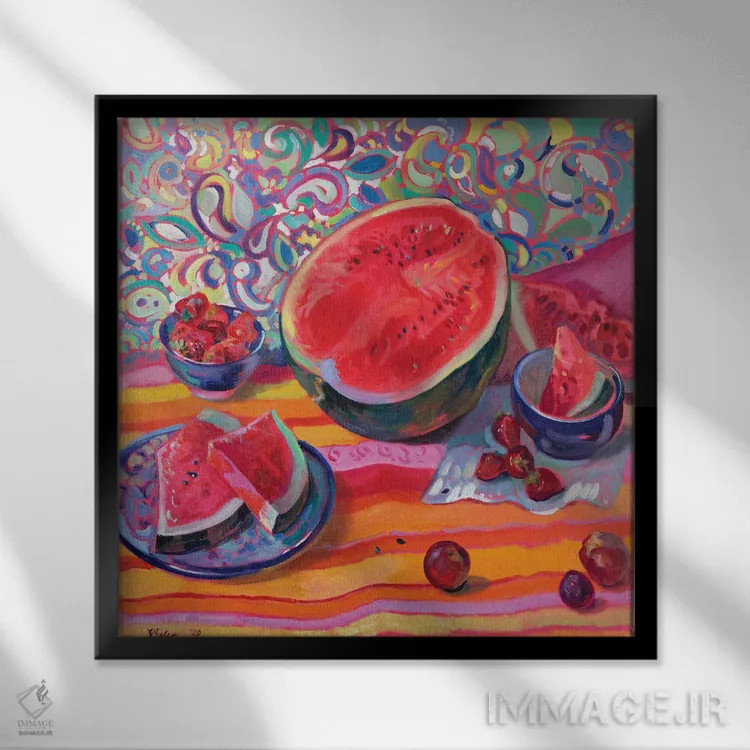 تابلو دکوراتیو طبیعت بی جان با هندوانه اثر کاتارینا والوا - نمای قابدار مشکی