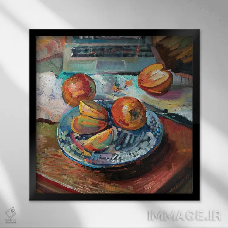 تابلو دکوراتیو طبیعت بی جان با خرمالو اثر کاتارینا والوا - نمای قابدار مشکی