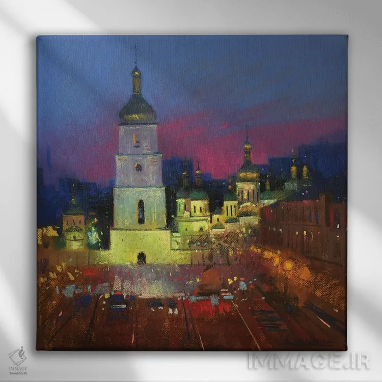 تابلو انتزاعی شهر شبانه کی یف اثر اندریی کووالیک - نمای روبهرو روی دیوار