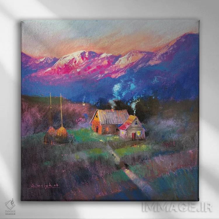 تابلو دکوراتیو طلوع آفتاب در کوه های کارپات اثر اندریی کووالیک - نمای روبهرو روی دیوار