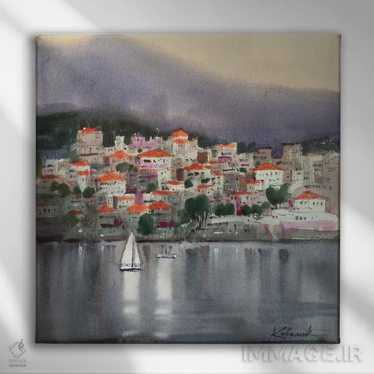 تابلو دکوراتیو طرح در تن های نقره ای، یونان اثر اندریی کووالیک - نمای روبهرو روی دیوار