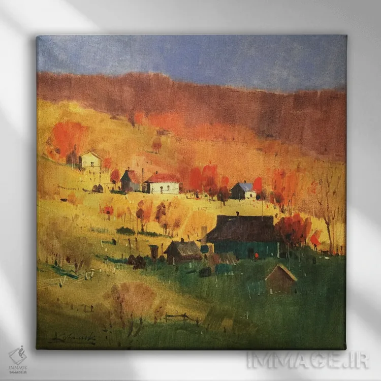 تابلو انتزاعی عصر پاییزی گرم در کارپات اثر اندریی کووالیک - نمای روبهرو روی دیوار