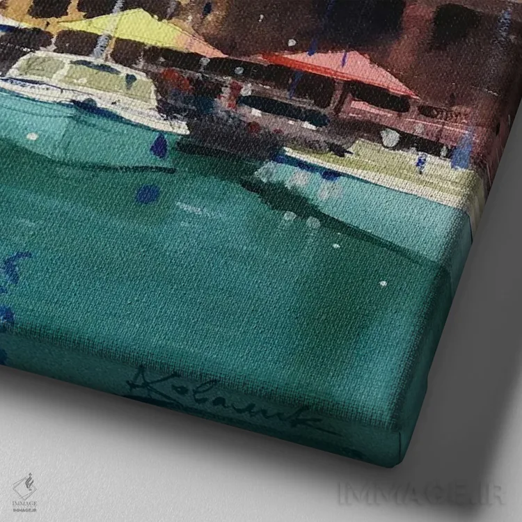 تابلو دکوراتیو قایق های بادبانی در اسکله ایتالیا، دریاچه گاردا اثر اندریی کووالیک - نمای نزدیک بافت بوم