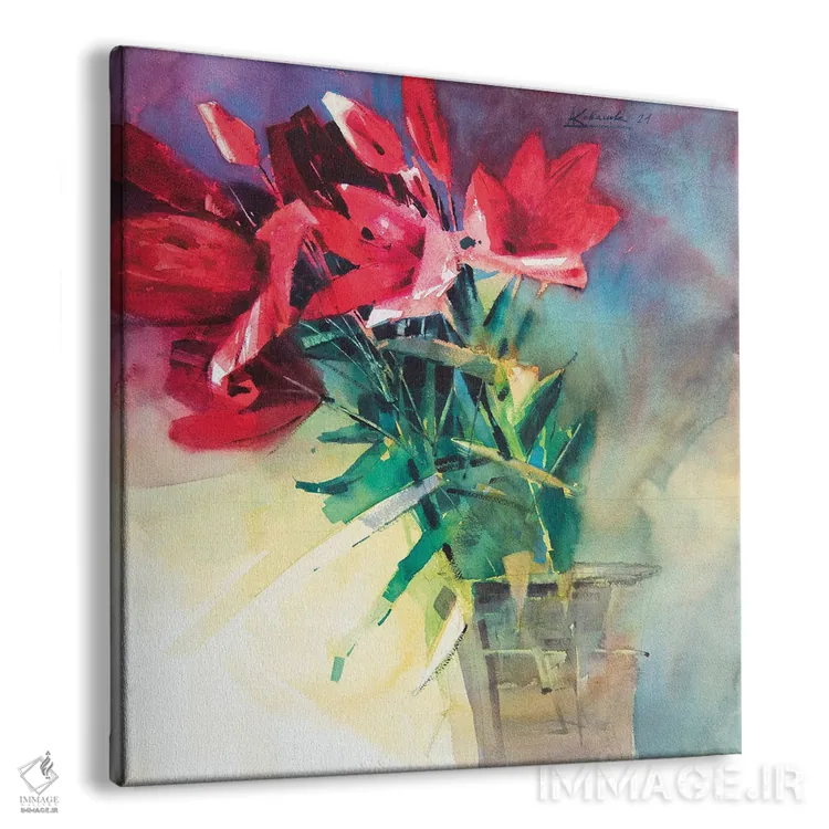تابلو دکوراتیو طبیعت بی جان مدرن با سوسن های قرمز در گلدان اثر اندریی کووالیک - نمای پرسپکتیو محصول