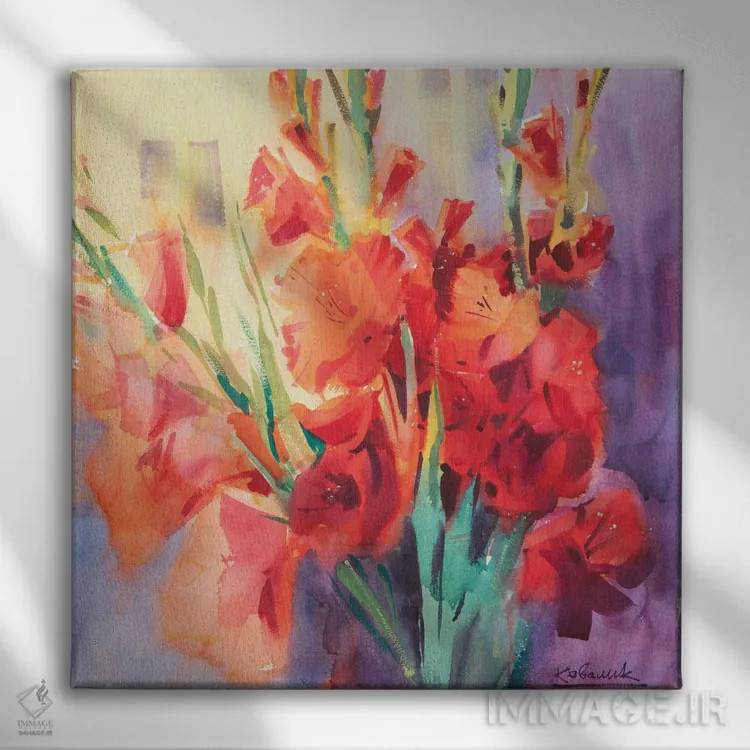 تابلو دکوراتیو گلادیولای قرمز اثر اندریی کووالیک - نمای روبهرو روی دیوار